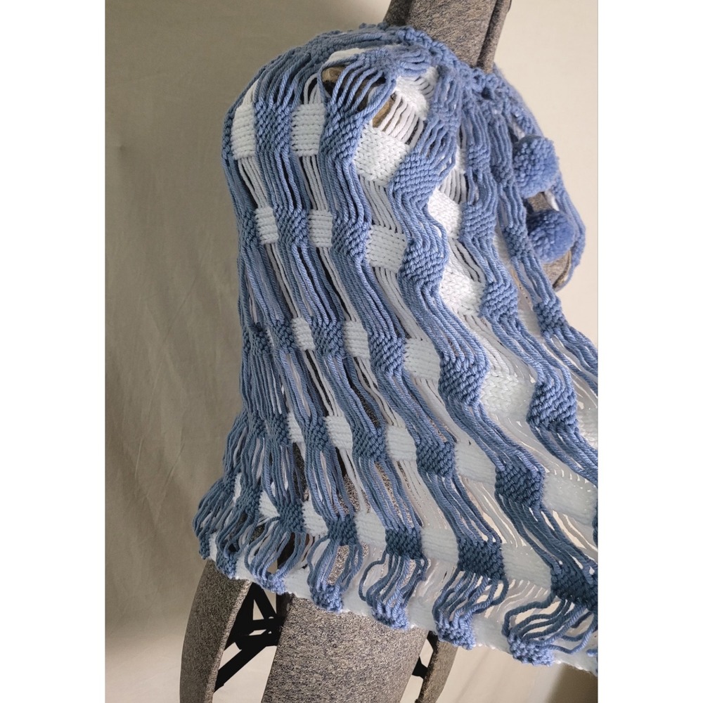 Vintage 70s Handmade Crochet Blue White Cape Capelet Knit‎ Poncho Shawl - Picture 6 of 11